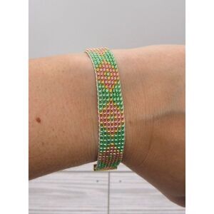 Loom Beaded Bracelet Green, Pink & Gold Metallic